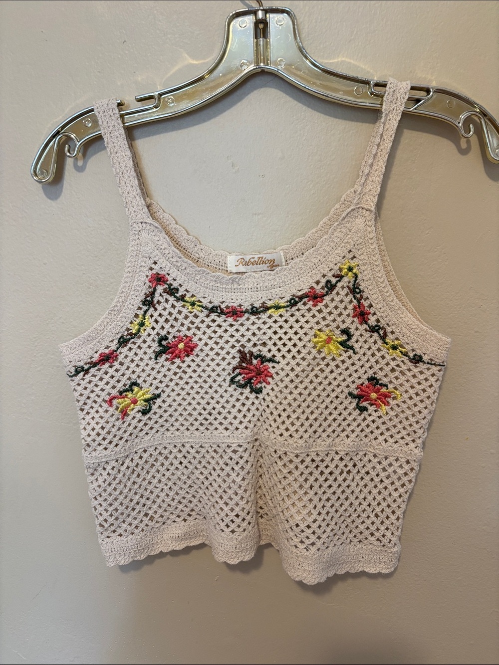 Rebellion Cream Crochet Floral Camisole with Pink & Yellow Embroidery
